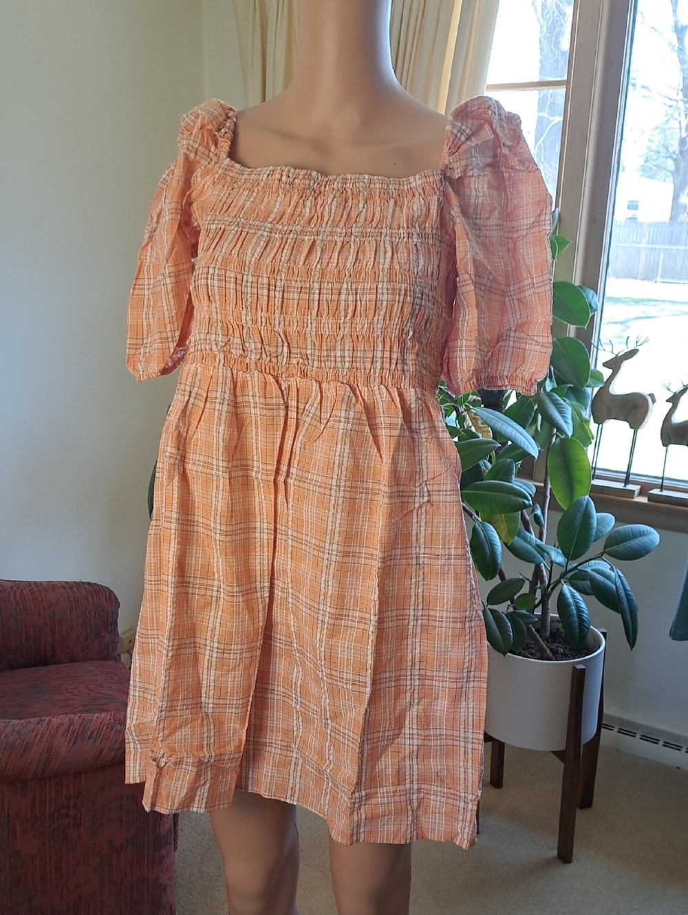 Umgee Orange Plaid Smocked Square-Neck Mini Dress